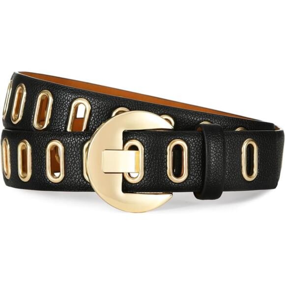 Black Belt with Gold Buckle – Trendy Women’s Adjustable Leather Belt - Picture 1 of 5